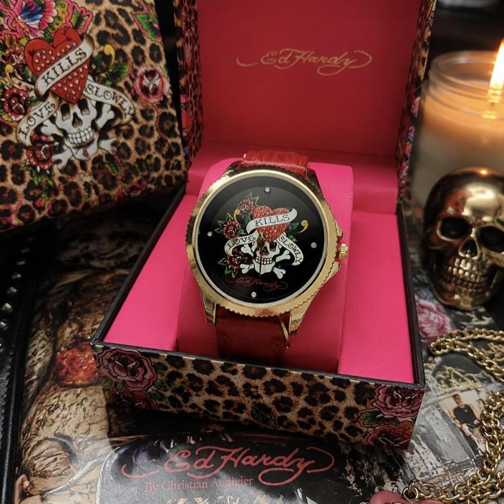 Ed Hardy Women’s Red Leather Tattoo Skull Watch